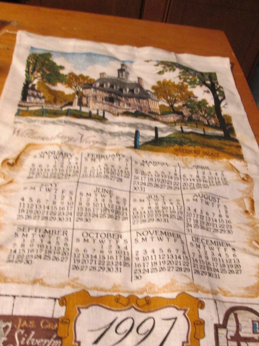 Vtg Unused Williamsburg Va Calendar linen tea towel Gov Mansion R Batchelder
